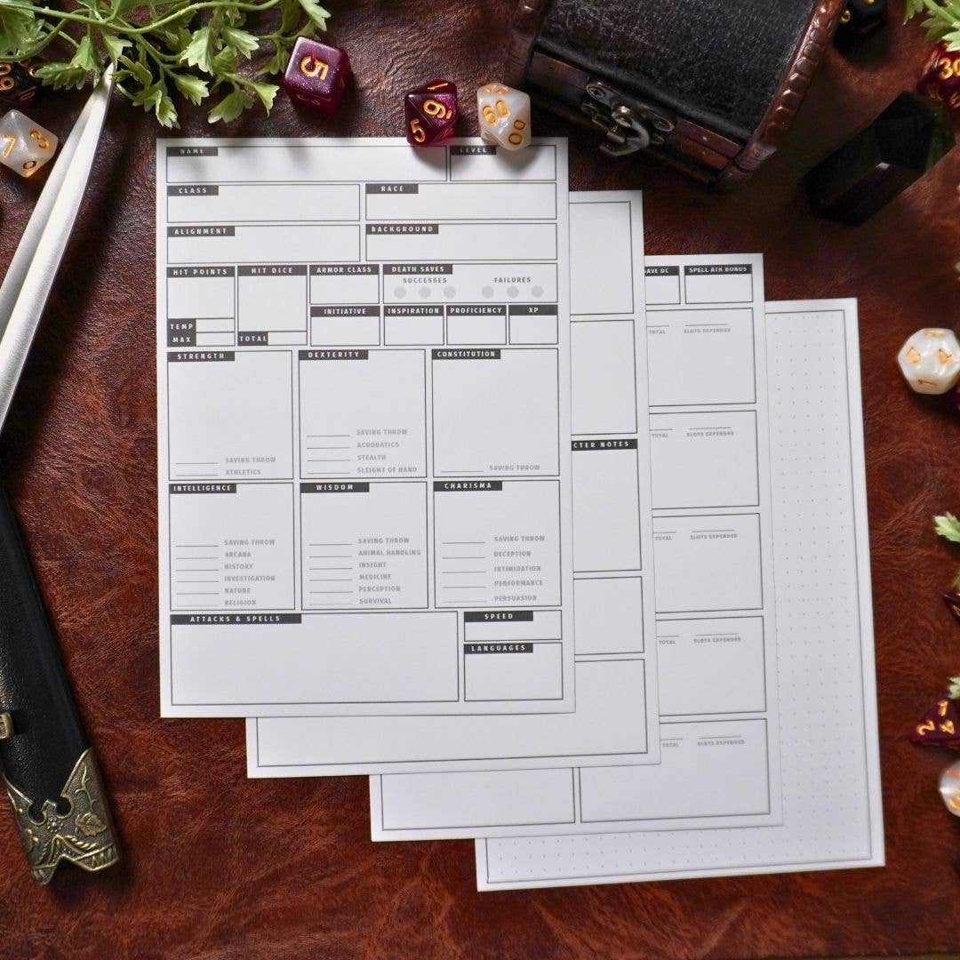 Mini 5e DnD Character Sheets: No Dice / 10 Pack (50 Character Sheet Sets)