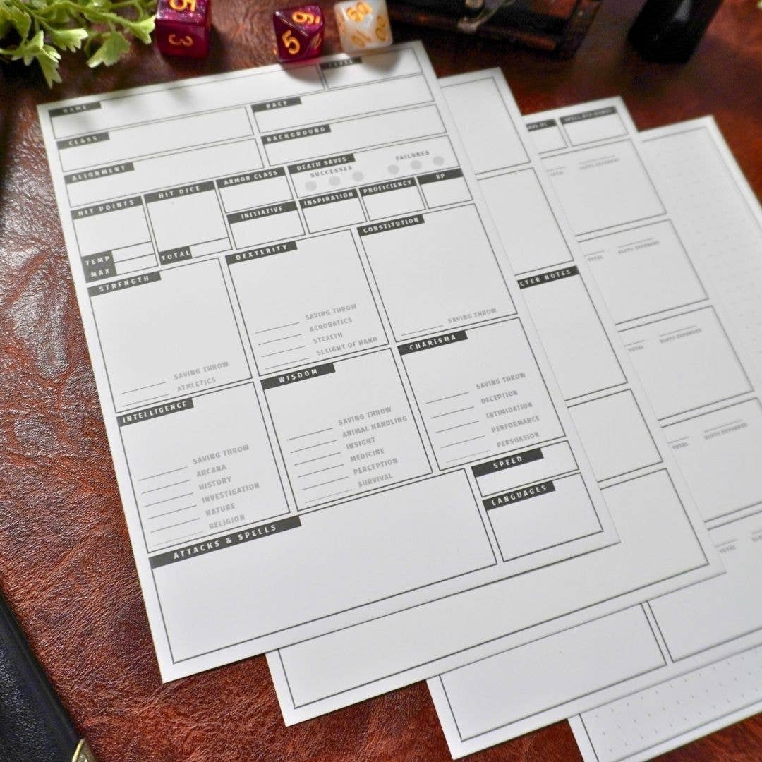 Mini 5e DnD Character Sheets: No Dice / 10 Pack (50 Character Sheet Sets)