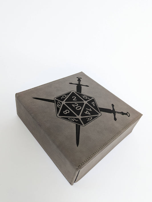 D20 Swords  - D&D - Vegan Leather Dice Box: Grey