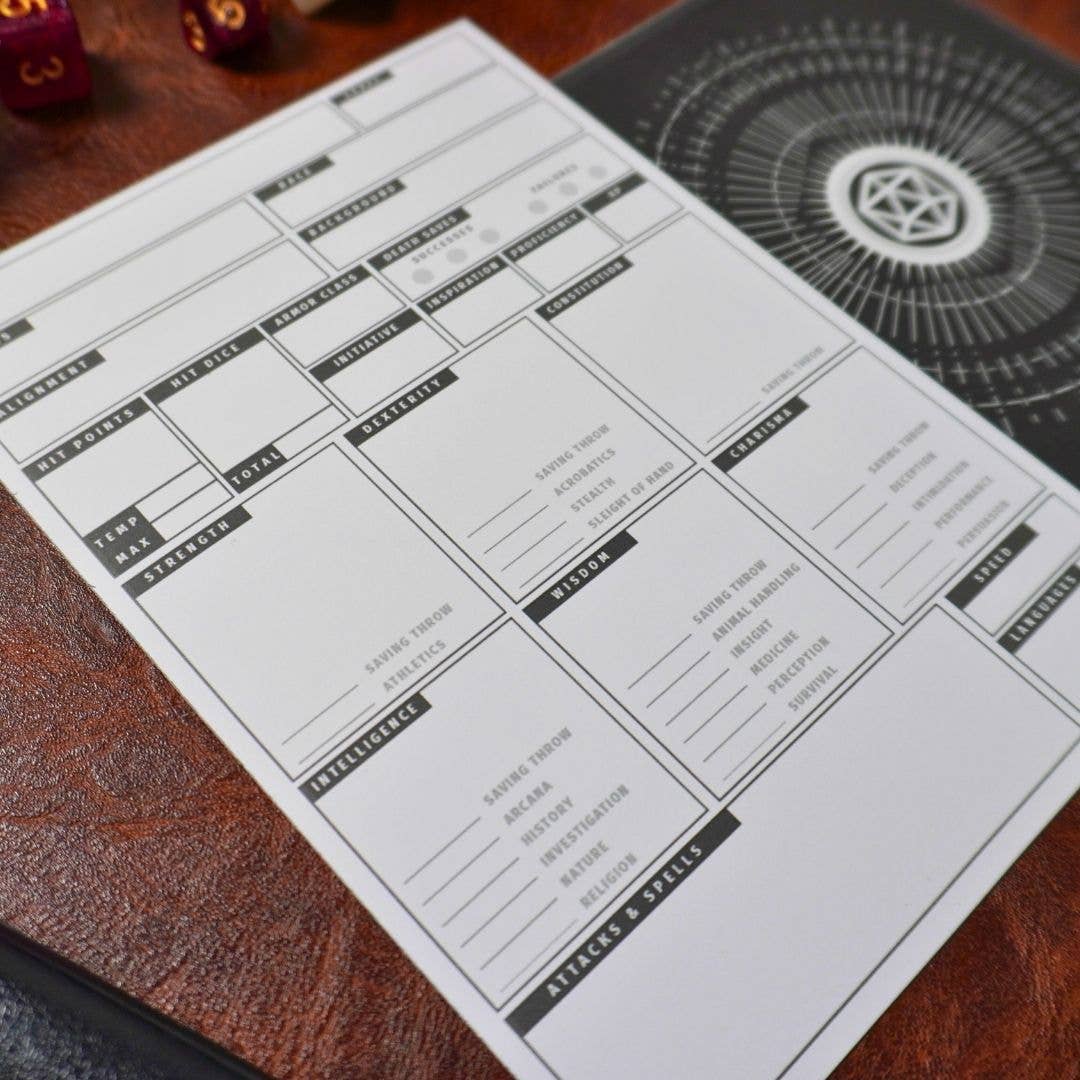 Mini 5e DnD Character Sheets: No Dice / 10 Pack (50 Character Sheet Sets)