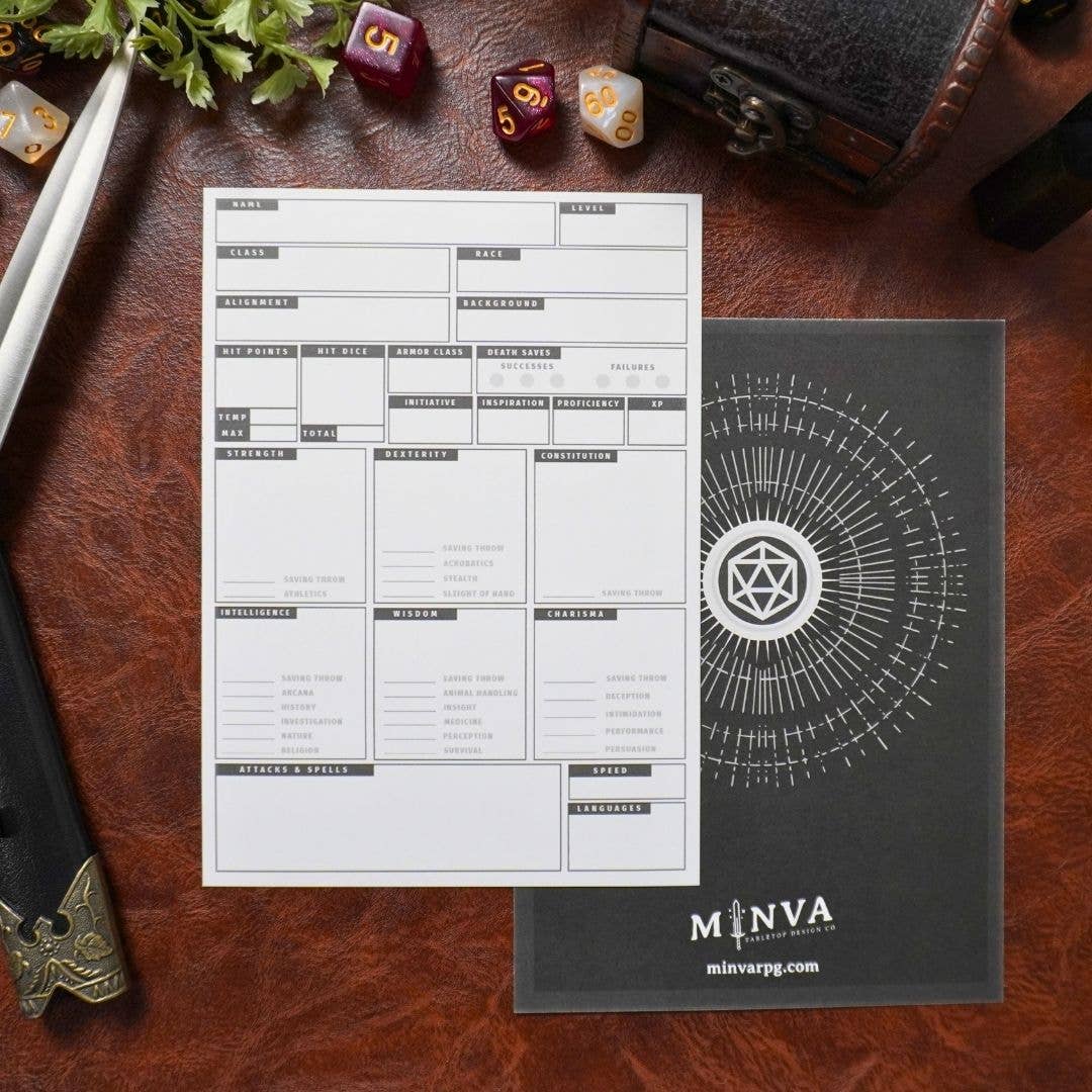 Mini 5e DnD Character Sheets: No Dice / 10 Pack (50 Character Sheet Sets)