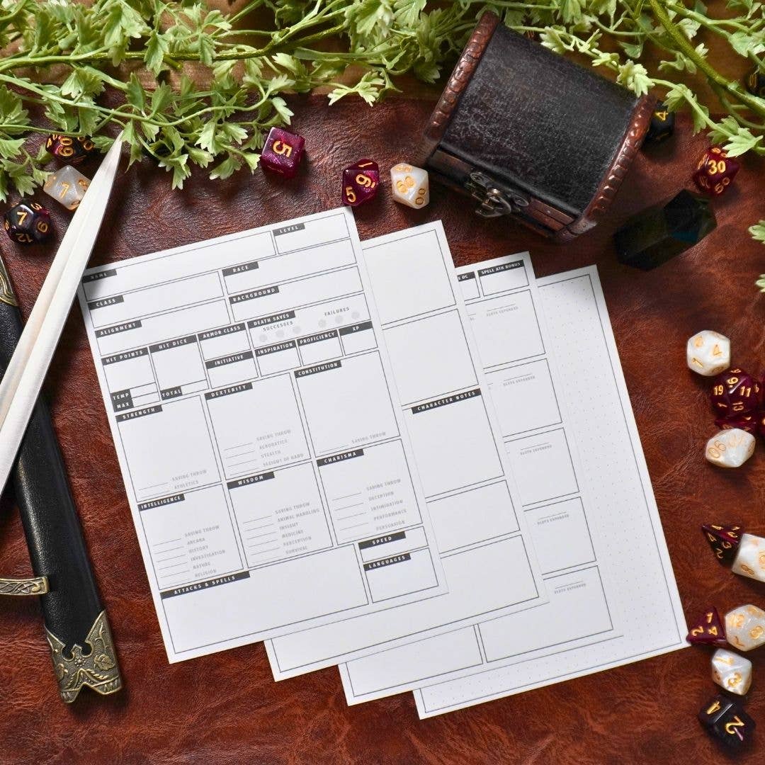Mini 5e DnD Character Sheets: No Dice / 10 Pack (50 Character Sheet Sets)